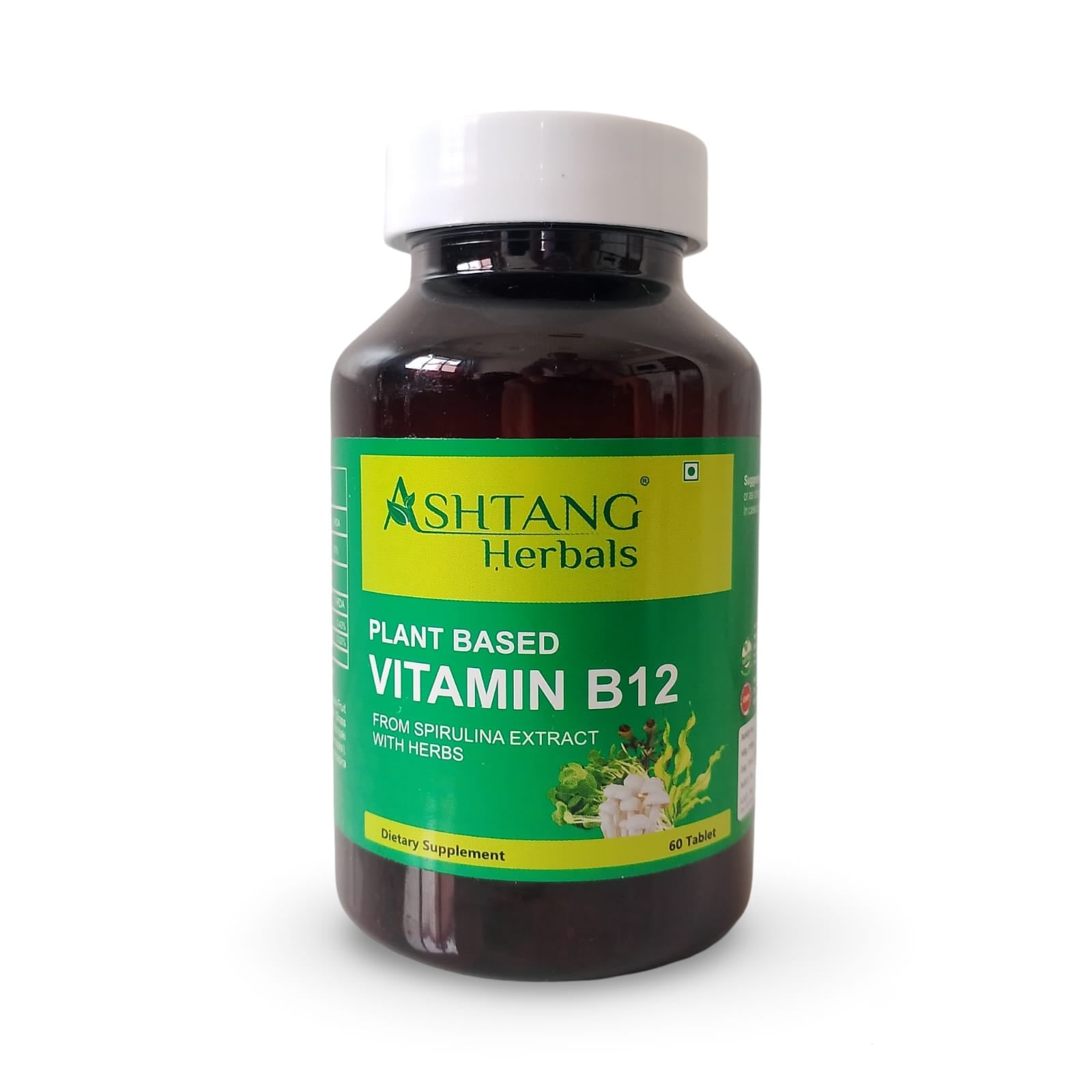 Bottle of Ashtang Herbals Vitamin B12 supplement on a white background